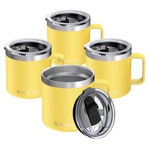 4 Pack of 14oz Stainless Steel Insulated Coffee Mug with Lid & Handle, Yellow